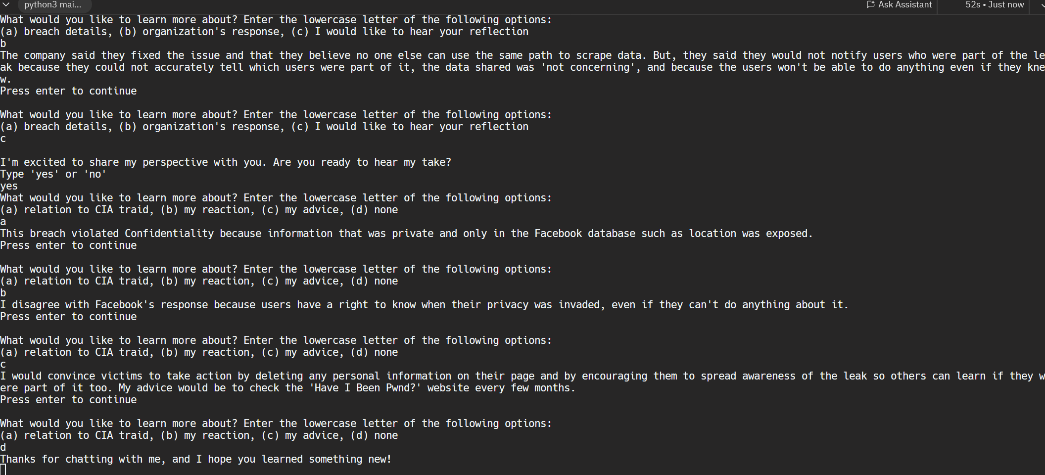 The bot asks the user for their name and the current year, then it provides information about the Facebook Data breach based on the user's prompting.